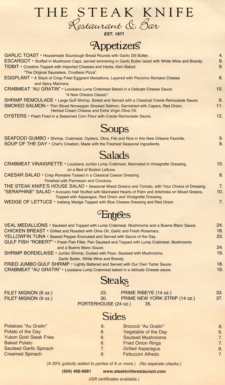The Steak Knife Restaurant New Orleans Lakefront Cuisine