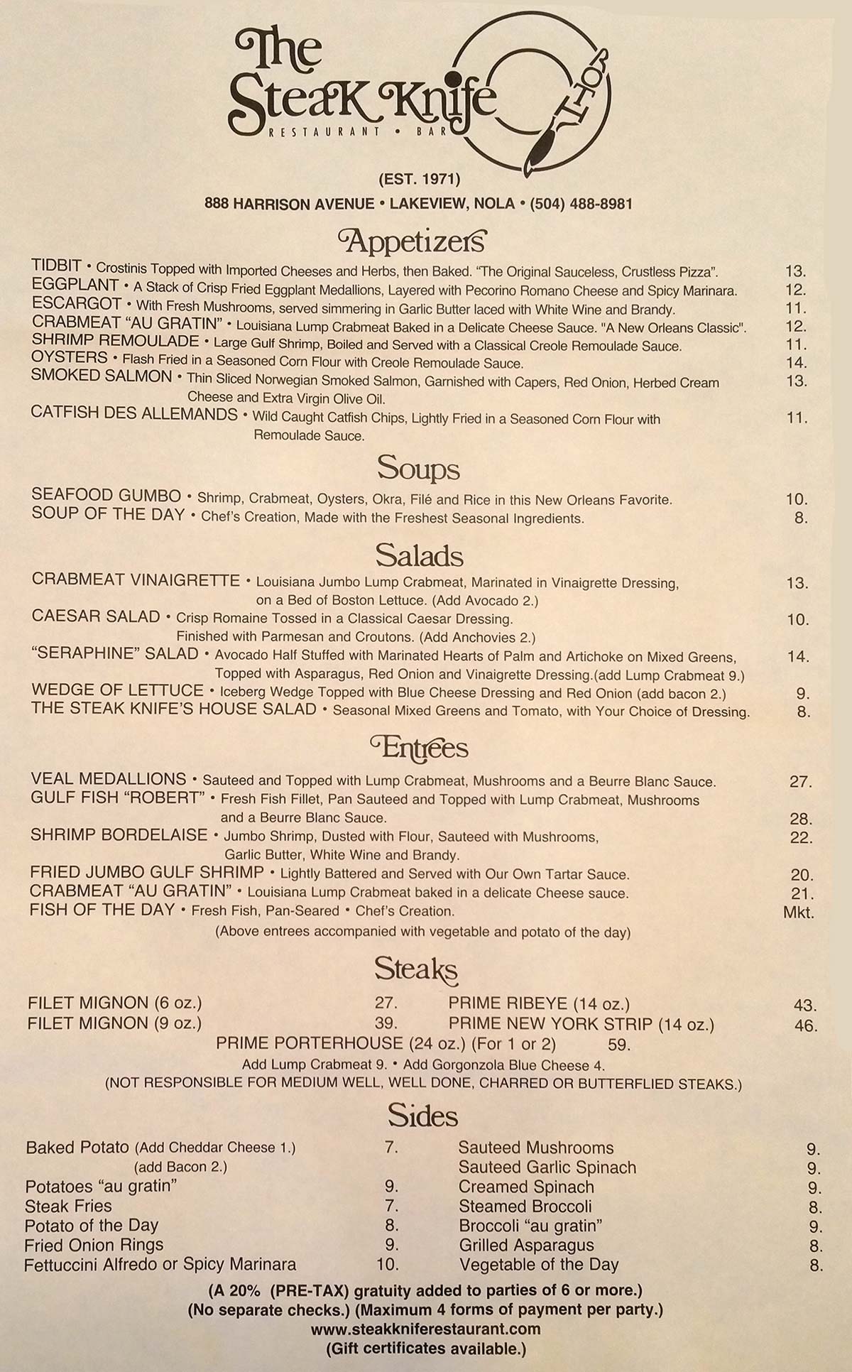 The Steak Knife Restaurant New Orleans Lakefront Cuisine